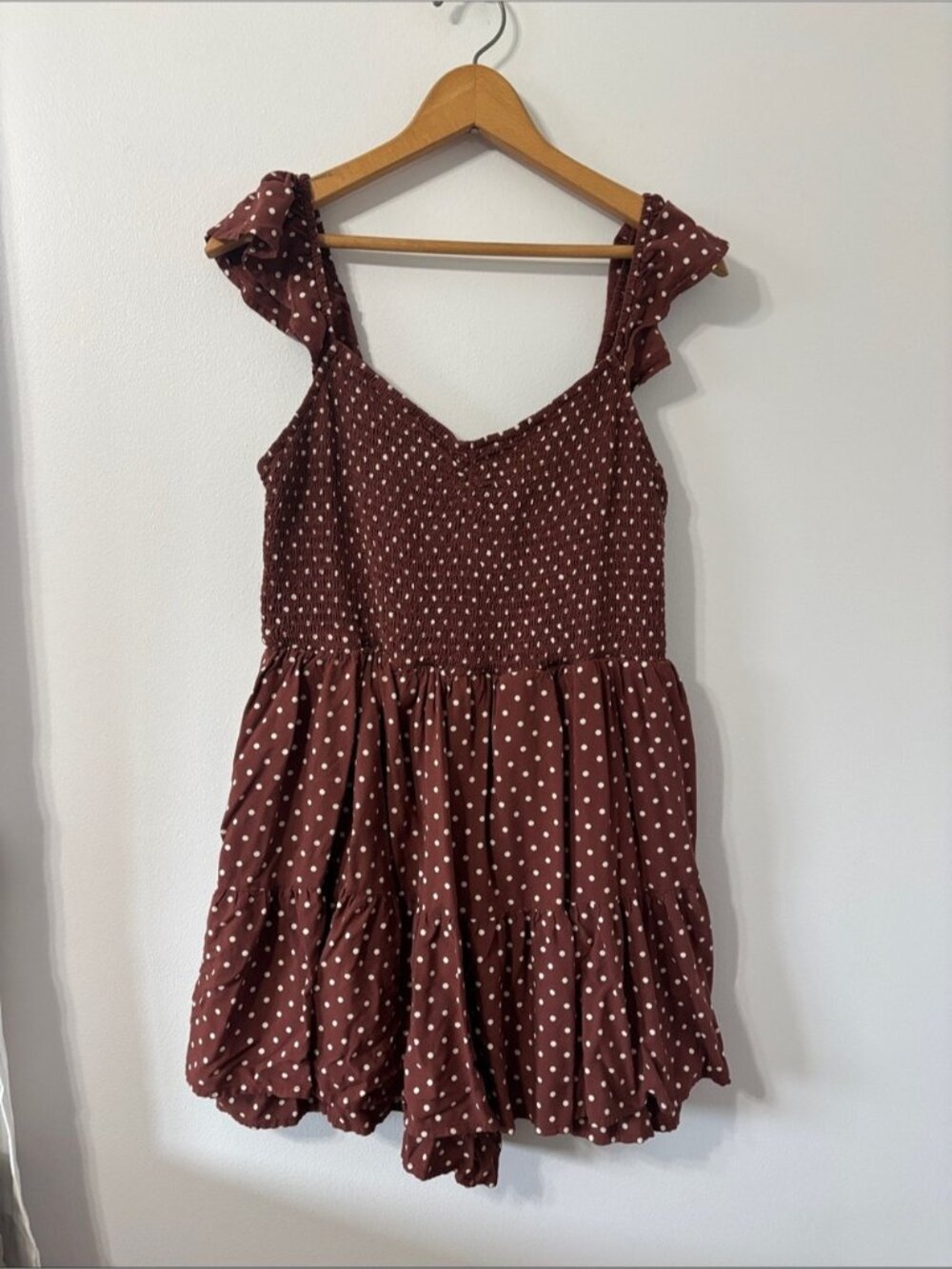 No Boundaries Brown Polka Dot Romper with Ruffle Straps